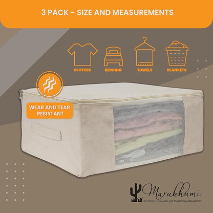 Cotton Canvas Clothes Storage Bags, Saree Covers with Zip for Storage Specially Design for Woman Dresses, Sarees, Lehengas for Wardrobe Organizer (17 x 14 x 7 Inch, off white, Pack 0f 3)