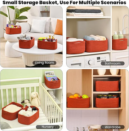 ICERZCZ Small Red Woven Baskets for Organizing, Basket for Gifts Empty, Cotton Rope Baskets for Storage, Organizer Bins for Organization, 13"×8.5"×5.1" (3 Packs) Brick Red