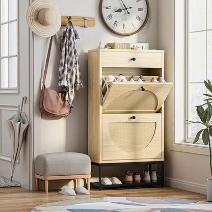 Lamerge Free Standing Shoe Rack, Entryway Organizer with 2 Natural Semi-Circular Rattan Flip Drawers, Hallway Faux Wooden Shoe Storage Cabinet with Pull Drawer and Bottom Rack for Living Room, Bedroom