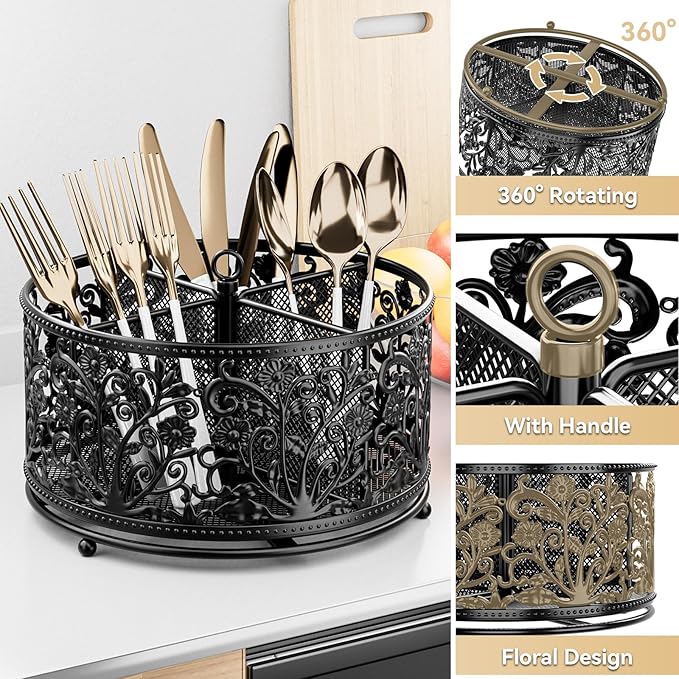 YIUKEA 360° Rotating Utensil Caddy - Silverware Cutlery Caddy Holder with 4 Compartment, Metal Flatware Organizer Countertop with Handle for Party Camping Picnic, Kitchen Counter, Office (Black)