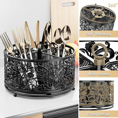 YIUKEA 360° Rotating Utensil Caddy - Silverware Cutlery Caddy Holder with 4 Compartment, Metal Flatware Organizer Countertop with Handle for Party Camping Picnic, Kitchen Counter, Office (Black)