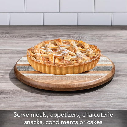 CounterArt Decorative Round Natural Wood Lazy Susan Turntable 14" Diameter Condiment Caddy, Cheese Server, Cake Plate, Spice Organization (Wide Stripes)