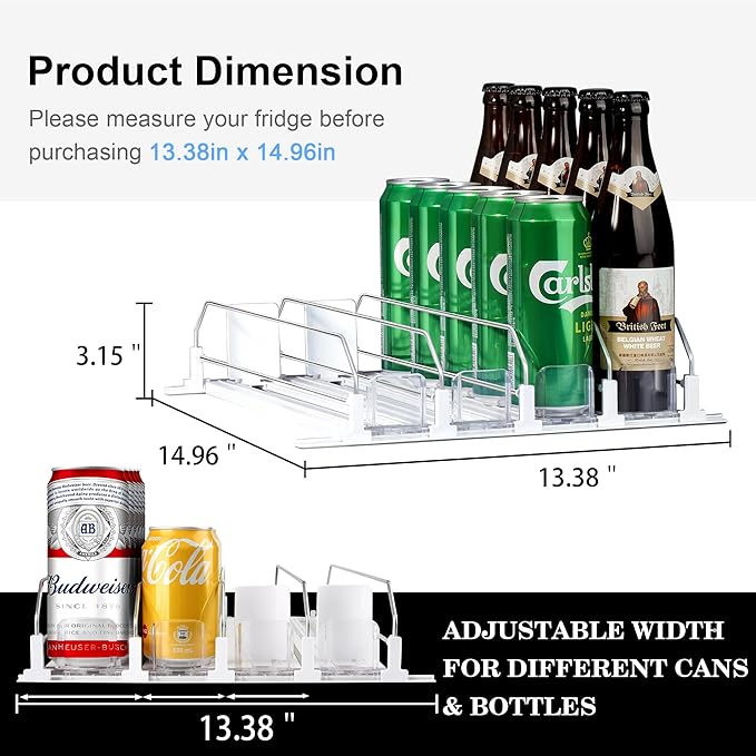 LumoShine Drink Organizer for Fridge, Self-Pushing Soda Can Dispenser for Refrigerator, Width Adjustable Pusher Glide for 12oz to 20oz holds (White, 14.96" D x 13.38" W— 4 Rows)