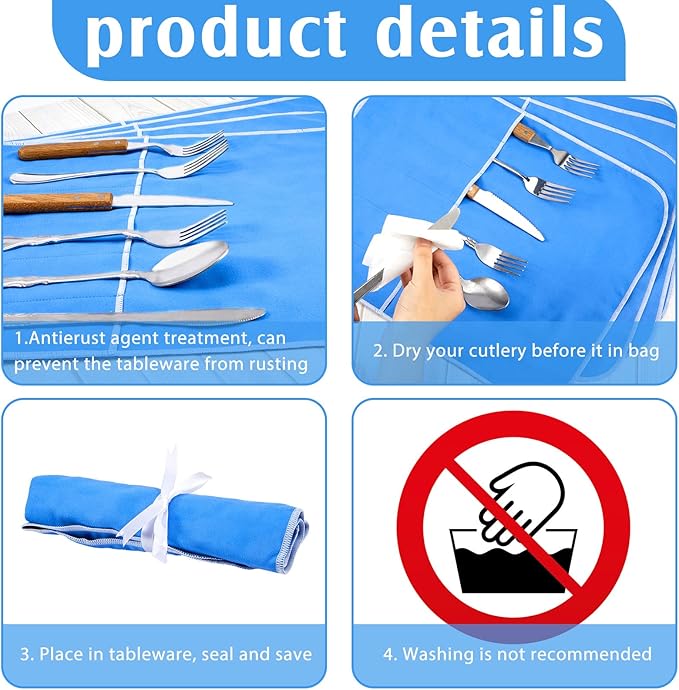 Weewooday Silver Storage Bags Anti Tarnish Silver Protector Bags Blue Holder for Silverware Flatware Storage Organizer Cloth Place Setting Roll with White Ribbon for Teaspoon Utensils(8 Pieces)
