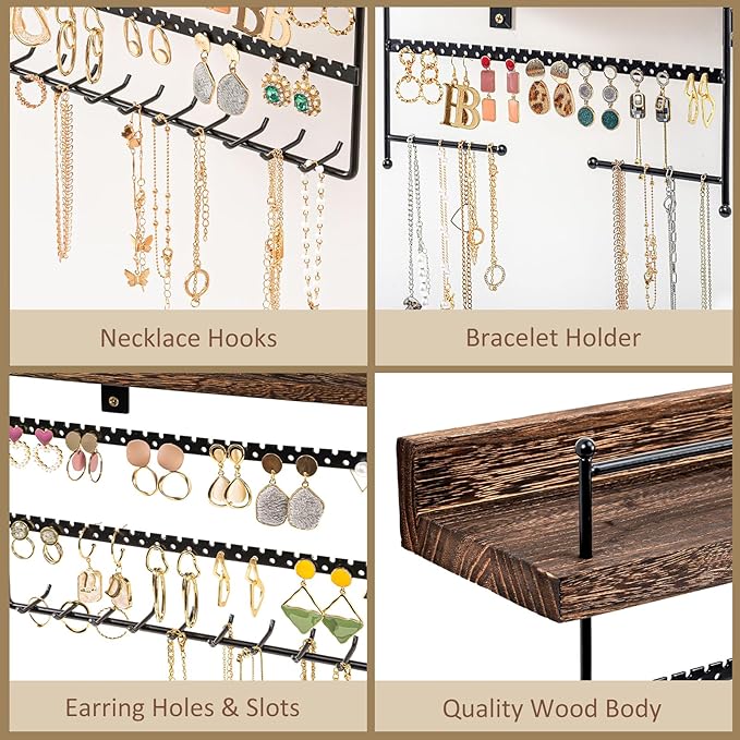 Lolalet Hanging Jewelry Organizer Wall Mount with Earrings, Bracelets, Necklaces Hooks - Easy Install Free Combination Jewelry Holder for Wall Bathroom - Set of 2, Brown