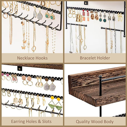 Lolalet Hanging Jewelry Organizer Wall Mount with Earrings, Bracelets, Necklaces Hooks - Easy Install Free Combination Jewelry Holder for Wall Bathroom - Set of 2, Brown