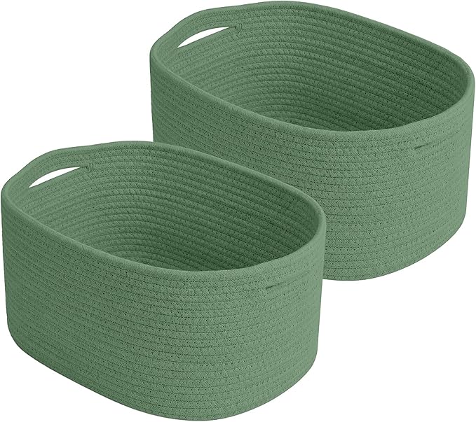 ECDYQXVU Cotton Rope Storage Basket, 15x10x9 Inches, Woven Basket for Shelves, Clothes, Towels, Books, and Laundry, Green (2 Pack)