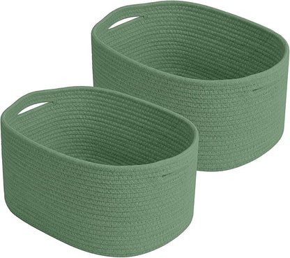ECDYQXVU Cotton Rope Storage Basket, 15x10x9 Inches, Woven Basket for Shelves, Clothes, Towels, Books, and Laundry, Green (2 Pack)