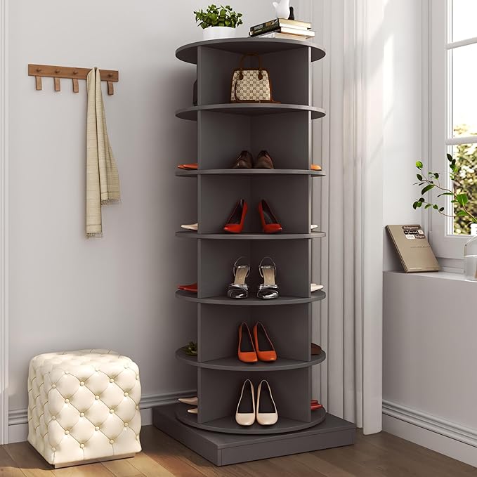 Rotating Shoe Rack Tower, 6-Tier Spinning Shoe Rack, Free Standing 360° Revolving Shoe Organizer Can Hold 24 Pairs of Shoes for Entryway Living Room Hallway (6-Tier, Gray)