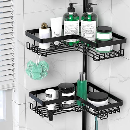 DAOYA Corner Shower Caddy Tension Pole - 4 Tier Stainless Steel Rustproof Shower Corner Caddy for Bathtub Bathroom Shower Organizer Shelves Adjustable Pole 25-114.2 Inch Black