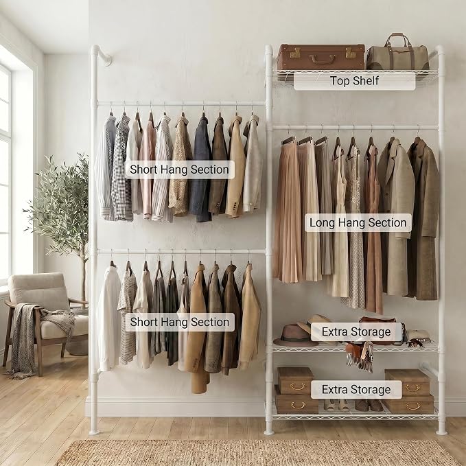 Wall Mounted Closet System – Adjustable Clothing Rack with 2 Expandable Rods & 3 Shelves, Heavy Duty Industrial Pipe Clothes Rack for Closet Organizer and Storage, White