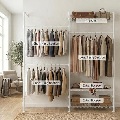 Wall Mounted Closet System – Adjustable Clothing Rack with 2 Expandable Rods & 3 Shelves, Heavy Duty Industrial Pipe Clothes Rack for Closet Organizer and Storage, White