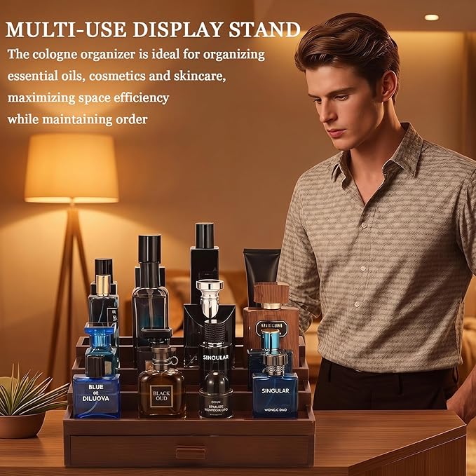 Wooden Cologne Organizer for Men 3 Tier Perfume Stand Organizer with Drawer and Hidden Compartment Cologne Display Riser Shelf Holder for Dresser Figures Fragrances Skincare Makeup Storage (Brown)