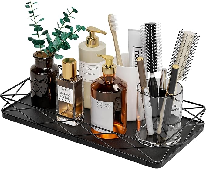 Lixple Toilet Paper Basket Holder, 13" Toilet Tank Tray, Wood and Metal Toilet Tray Vanity Organizer Bathroom Tray, Kitchen Sink Organizer for Soap Dispenser (Black)