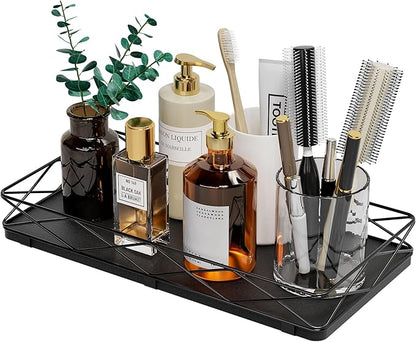 Lixple Toilet Paper Basket Holder, 13" Toilet Tank Tray, Wood and Metal Toilet Tray Vanity Organizer Bathroom Tray, Kitchen Sink Organizer for Soap Dispenser (Black)