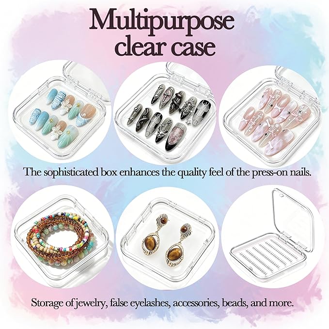 12 Pcs Press On Nail Packaging Storage Case,3x3in Clear Plastic Nail Tips Organizer Box with 30 Adhesive Glue Tabs for Fake Nail Art Display,Bulk Press Ons Container for Salon Business & Home Use