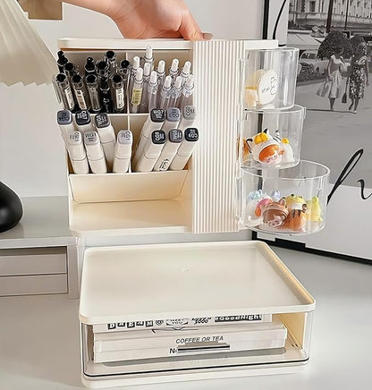 Makeup Organizer with 3 Rotating & Dustproof Drawers, Large Capacity Cosmetic Storage Box with Makeup Brush Holder, Make up Organizers for Vanity, Dresser, Bathroom (White)