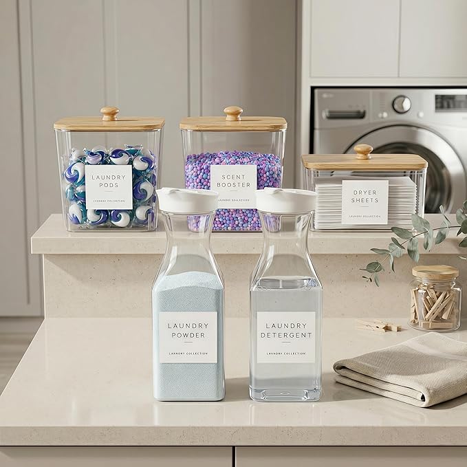 3+2 Pack Laundry Pods Containers & Dryer Sheet Holder & Laundry Detergent Dispenser, Laundry Room Organization and Storage Jars with Lids, Labels and Scoops for Scent Booster, Powder, Pods