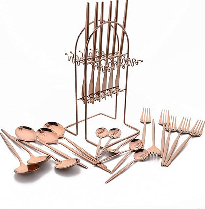 24 Piece Hanging Flatware Set, Stainless Steel Family Kitchen Utensil Set with Rack, Cutlery set for 6 with Holder, Silverware Sets with Holder, Hanging flatware set, Mirror Finish(Copper)