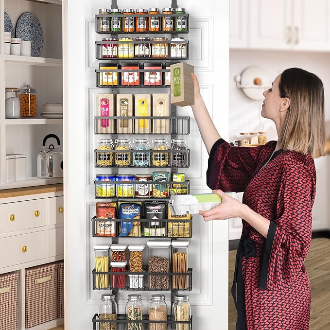 Moforoco 9-Tier Over The Door Pantry Organizer, Pantry Organization and Storage, Black Hanging Basket Wall Spice Rack Seasoning Shelves, Home & Kitchen Bedroom Bathroom House Essentials