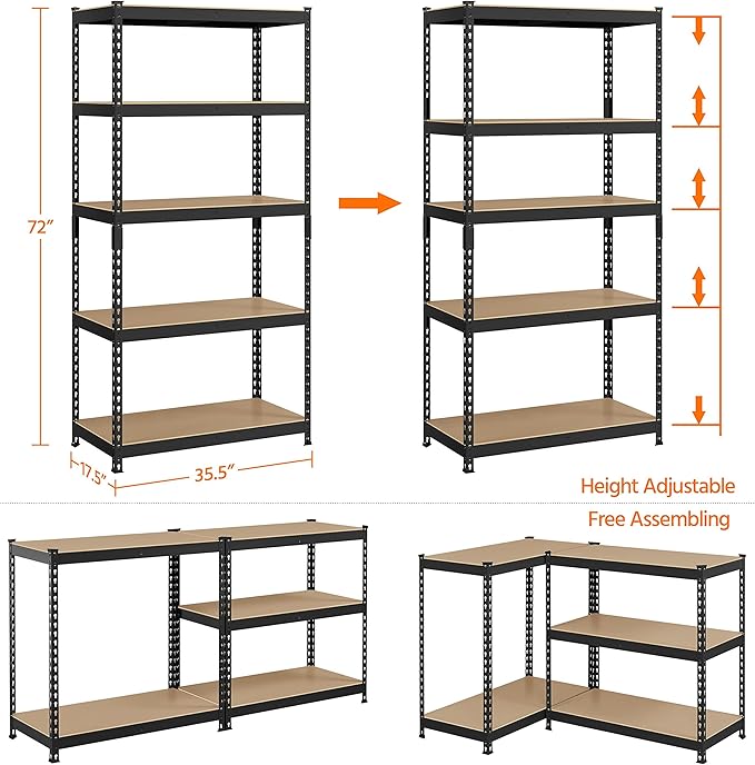 Topeakmart 2PCS 5-Tier Utility Shelves, Metal Storage Shelves Garage Shelving Unit Adjustable Garage Storage Shelves Storage Racks Heavy Duty Shed Shelving- Black, 35.5 x 17.5 x 72 Inch