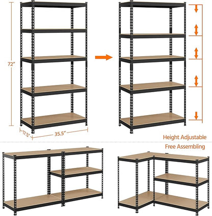 Topeakmart 2PCS 5-Tier Utility Shelves, Metal Storage Shelves Garage Shelving Unit Adjustable Garage Storage Shelves Storage Racks Heavy Duty Shed Shelving- Black, 35.5 x 17.5 x 72 Inch