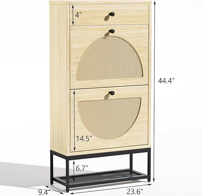Lamerge Free Standing Shoe Rack, Entryway Organizer with 2 Natural Semi-Circular Rattan Flip Drawers, Hallway Faux Wooden Shoe Storage Cabinet with Pull Drawer and Bottom Rack for Living Room, Bedroom