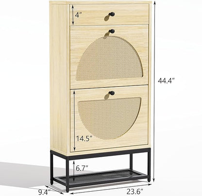 Lamerge Free Standing Shoe Rack, Entryway Organizer with 2 Natural Semi-Circular Rattan Flip Drawers, Hallway Faux Wooden Shoe Storage Cabinet with Pull Drawer and Bottom Rack for Living Room, Bedroom