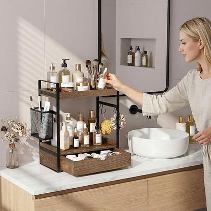 2-Tier Bathroom Counter Organizer with Drawer Basket and Hooks, Wood Bathroom Organizers and Storage for countertop, Farmhouse Dark Brown Countertop Organizer, Counter Shelf for Vanity Kitchen Office