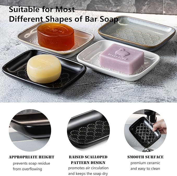 Gomakren Ceramic Soap Dish with Raised Scalloped Design, Versatile Soap Holder & Tray for Bathroom and Kitchen Sink, Prevents Soggy Soap, Modern Decor, Easy to Clean, Black (5.59" x 4.02")