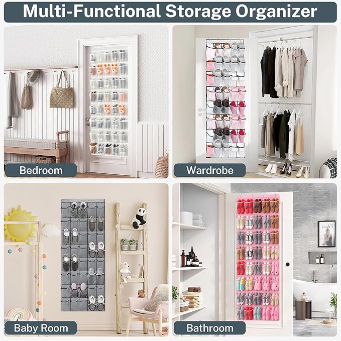 40-Pocket Over the Door Shoe Organizer - Large Mesh Pocket Hanging Shoe Organizer,Behind the Door Shoes Storage Holder Hanger (Pink)
