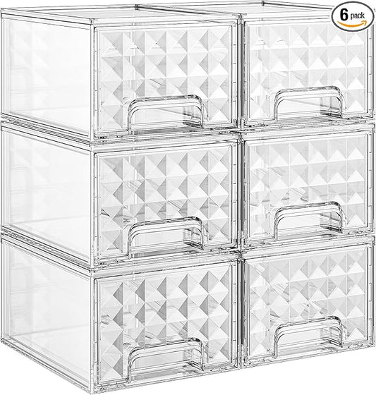 Delamu 6 Pack Stackable Storage Drawers, Makeup Skincare Holder Vanity Storage Organizer, Plastic Drawers For Vanity Desk, Undersink, Kitchen Cabinet, Pantry, Clear, Ideal Gifts for Women