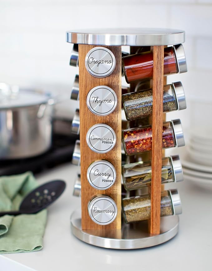Orii 20 Jar Rotating Light Acacia Wood Spice Rack with Spices Included & 5-Year Spice Refill Program – Natural Wood Countertop Spice Rack with Glass Jars