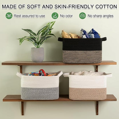 OIAHOMY Woven Storage Basket for Shelves, Rectangle Cotton Rope Baskets for Organizing, 16 x 12 x 10 in, Storage Bins for Dog Toys,Towel,Books,Gift,Brown and White