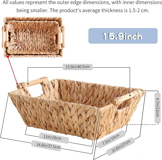 Handcrafted Water Hyacinth Basket, Hand Woven Wicker Shelf Basket for Storage, Organizing and Decoration, Rectangular, with Straight Wooden Handles, 1 Pack (Large)