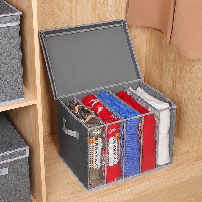 Zilink Upgraded Sweater Organizer for Shelf with Lids and Support Boards Clothes Organizer for Closet with 5 Grids Divider Sweater Storage Bins for Sweaters, Jeans, Pants, Black Pattern, 3 Pack