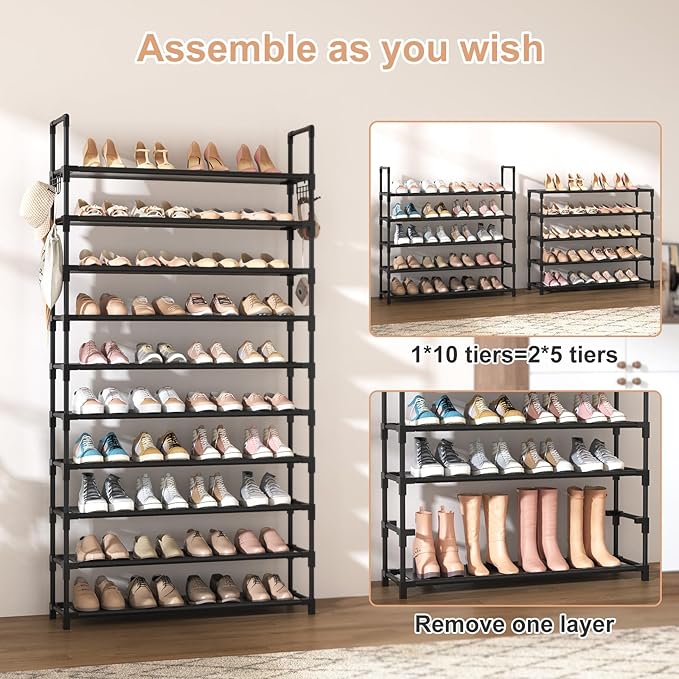 VTRIN 10 Tier Shoe Rack Tall Large Capacity Wide Shoe Organizer with Two Hooks Sturdy Metal Shoe Shelf for Entryway, Closet, Bedroom