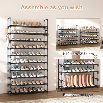 VTRIN 10 Tier Shoe Rack Tall Large Capacity Wide Shoe Organizer with Two Hooks Sturdy Metal Shoe Shelf for Entryway, Closet, Bedroom
