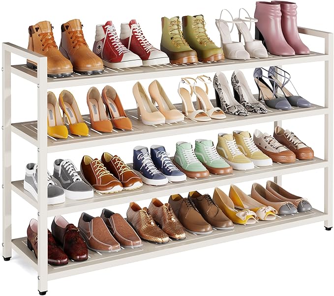 4-Tier Shoe Rack, Large Capacity Metal Free Standing Shoes Rack, Sturdy and Durable Shoe Organizer, Shoe Shelf for Closet, Entryway, Bedroom, for 24-28 Pairs, 42.1" W x 9.8" D x 27.6" H, White