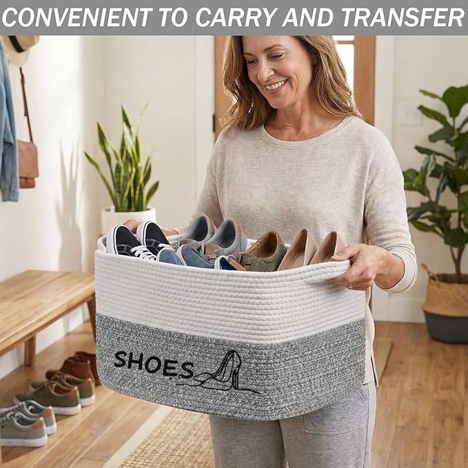 Woven Rope Embroidered Shoes Storage Basket 15.7 x 11 x 9 Large Capacity Fabric Cotton Rope Shoe Storage Organizer Bin Foldable with Handles for Hallway, Entryway, Closet, Laundry Room