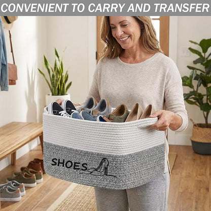 Woven Rope Embroidered Shoes Storage Basket 15.7 x 11 x 9 Large Capacity Fabric Cotton Rope Shoe Storage Organizer Bin Foldable with Handles for Hallway, Entryway, Closet, Laundry Room