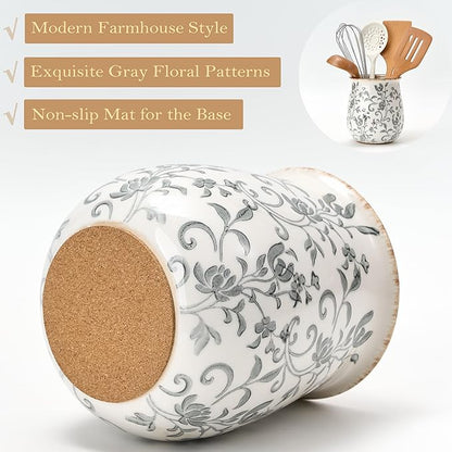 Utensil Holder for Kitchen Counter, Modern Farmhouse Cooking Utensil Holder and Crock Home Kitchen Decor, Ceramic Utensil Organizer for Spatula, Ladle, Eggbeater, Rolling Pin- Gray Flower Patterns