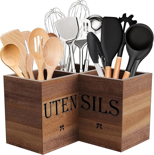 Suli Extra Large Kitchen Utensils Holder with 3 Compartments,Corner Utensil Caddy for Countertop,Acacia Wood Utensil Organizer for Kitchen Countertop, Farmhouse Decor-Acacia Brown