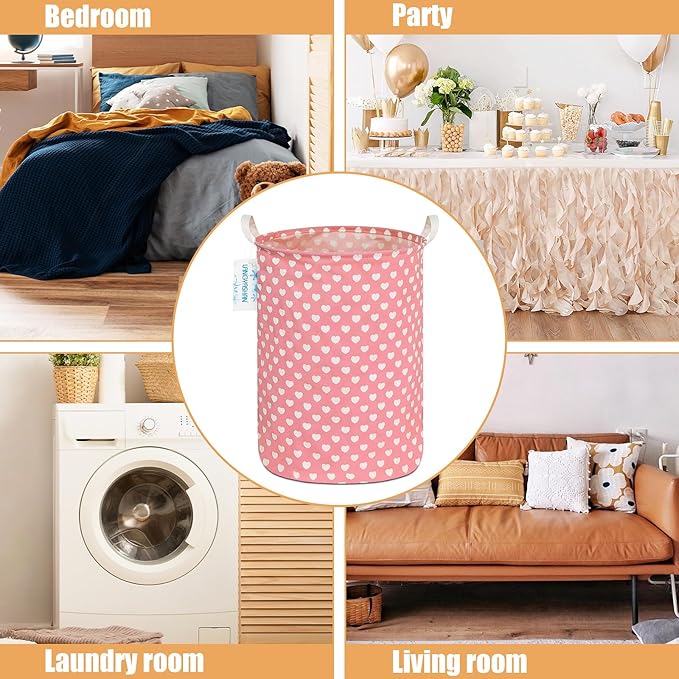 Laundry Basket Canvas Fabric Collapsible Organizer Basket for Storage Bin Toy Bins Gift Baskets Bedroom Clothes Children Nursery Hamper (pink heart)