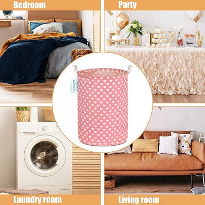 Laundry Basket Canvas Fabric Collapsible Organizer Basket for Storage Bin Toy Bins Gift Baskets Bedroom Clothes Children Nursery Hamper (pink heart)