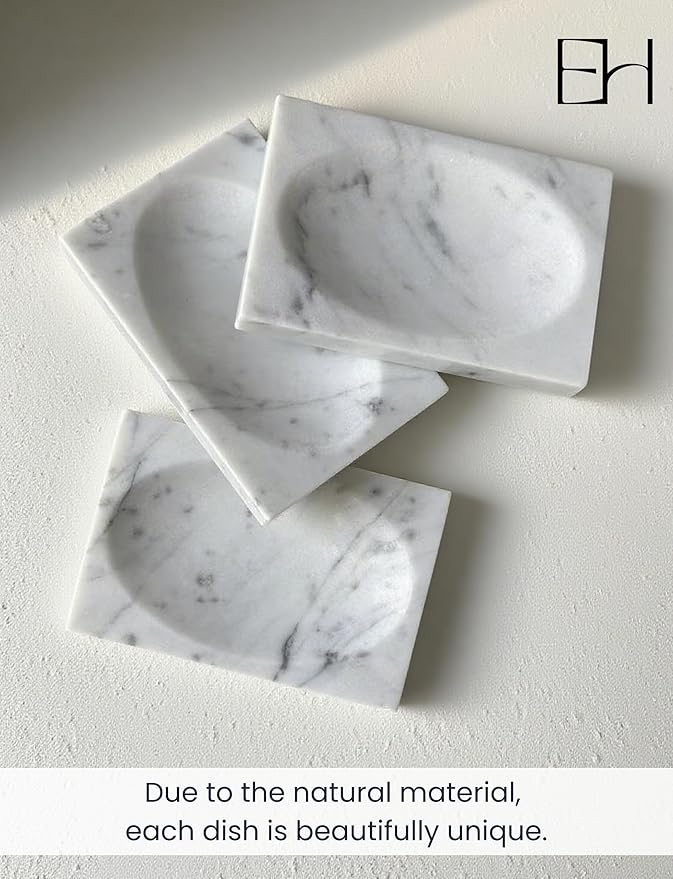 Marble Soap Dish for Shower - Stone Soap Tray Holder, Natural Soap Bar Holder Countertop Caddy, Marble Bathroom Accessories (Calacatta White)