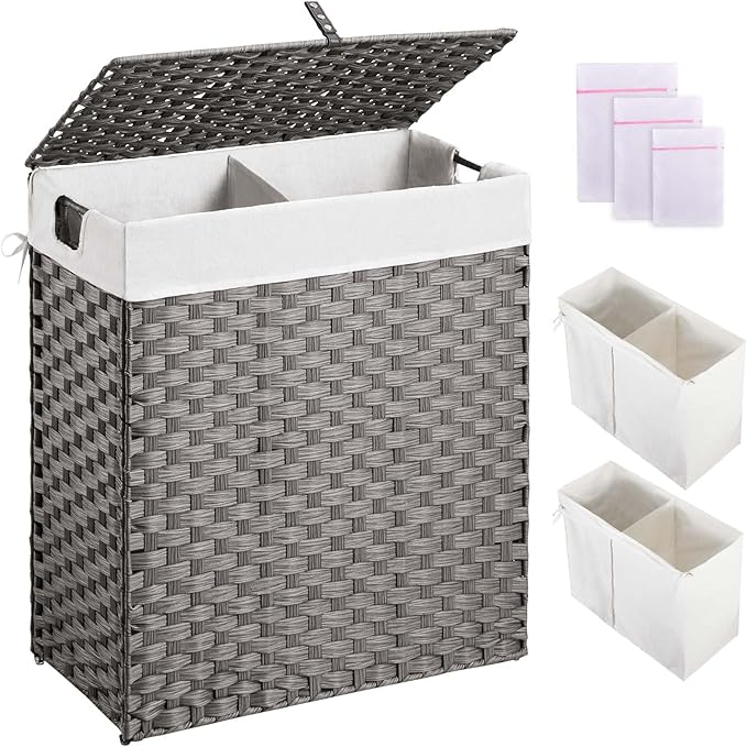 Greenstell Laundry Hamper with 2 Removable Liner Bags - 90L Divided Clothes Hamper, Handwoven Synthetic Rattan Foldable Laundry Basket with Lid and Handles Gray (18.3x13.3x24.0Inches)