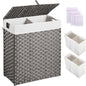 Greenstell Laundry Hamper with 2 Removable Liner Bags - 90L Divided Clothes Hamper, Handwoven Synthetic Rattan Foldable Laundry Basket with Lid and Handles Gray (18.3x13.3x24.0Inches)
