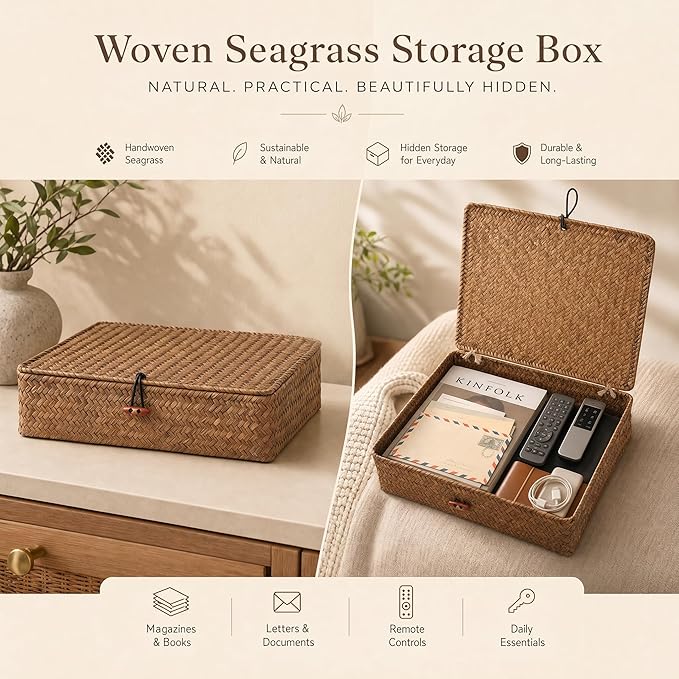 YANGQIHOME Set of 2 Seagrass Baskets with Lids, Rectangular Woven Storage Baskets, Natural Wicker Basket Boxes for Coffee Table, Shelf, Bathroom Counter & Closet Decor (Coffee, Set of 2)