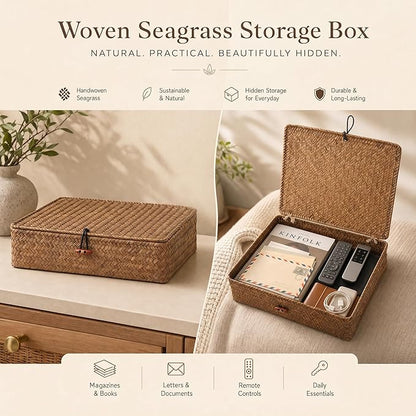 YANGQIHOME Set of 2 Seagrass Baskets with Lids, Rectangular Woven Storage Baskets, Natural Wicker Basket Boxes for Coffee Table, Shelf, Bathroom Counter & Closet Decor (Coffee, Set of 2)